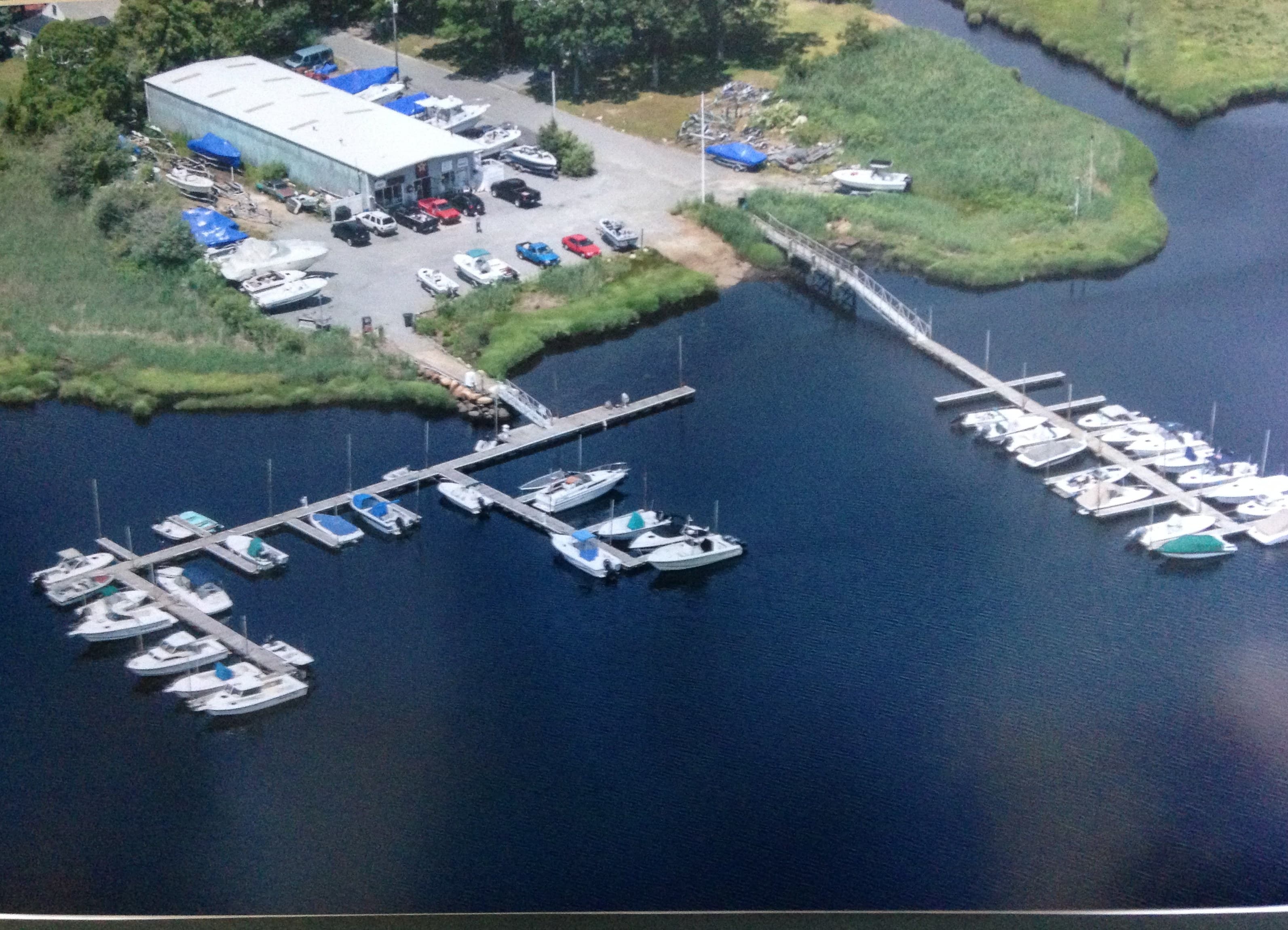 Aerial view of Wareham Marina's docks on the Weweantic River at Rose Point