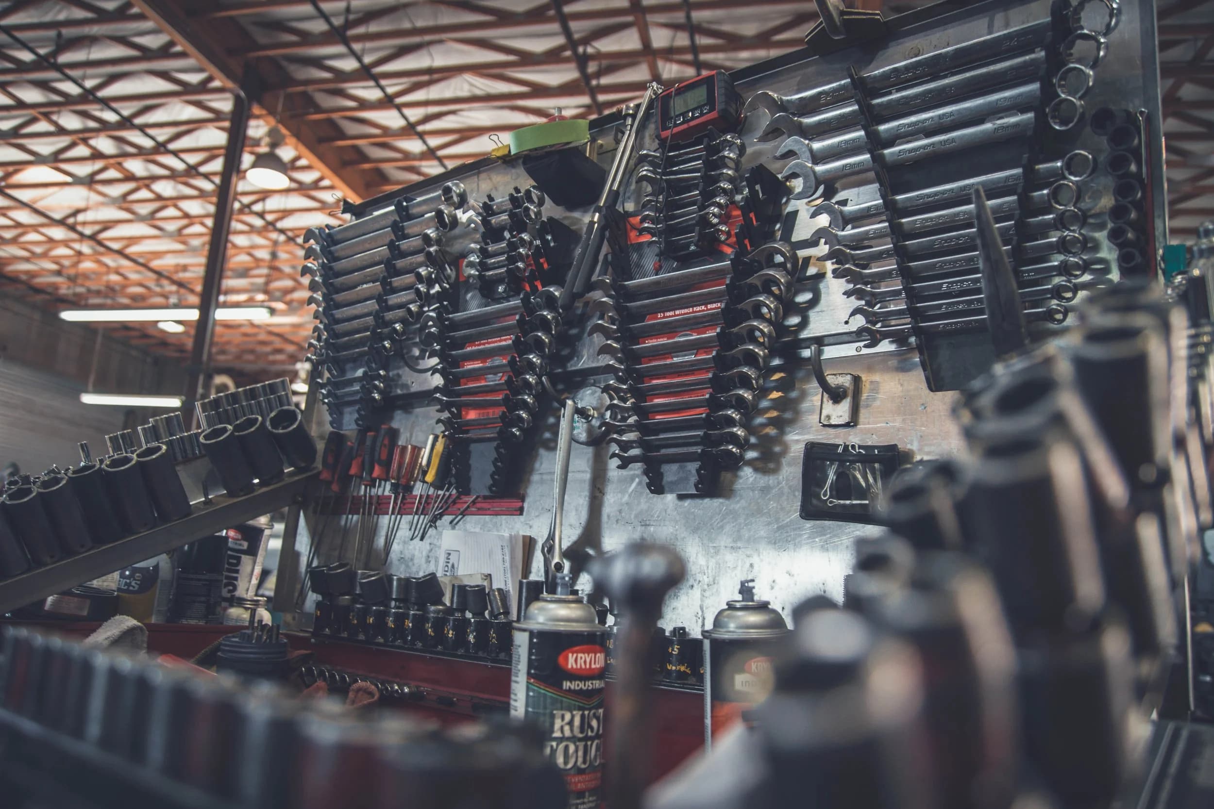 Wrenches and tools on the workshop wall at Wareham Marina