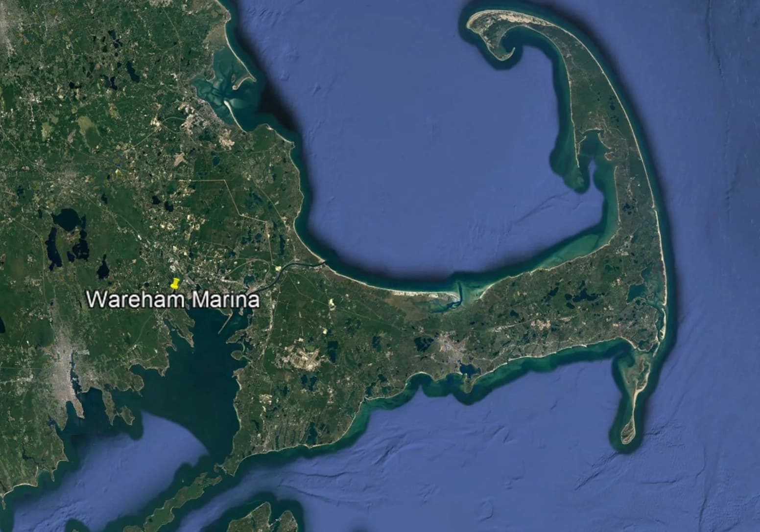 Satellite map showing Wareham Marina's location at the head of Buzzards Bay near Cape Cod