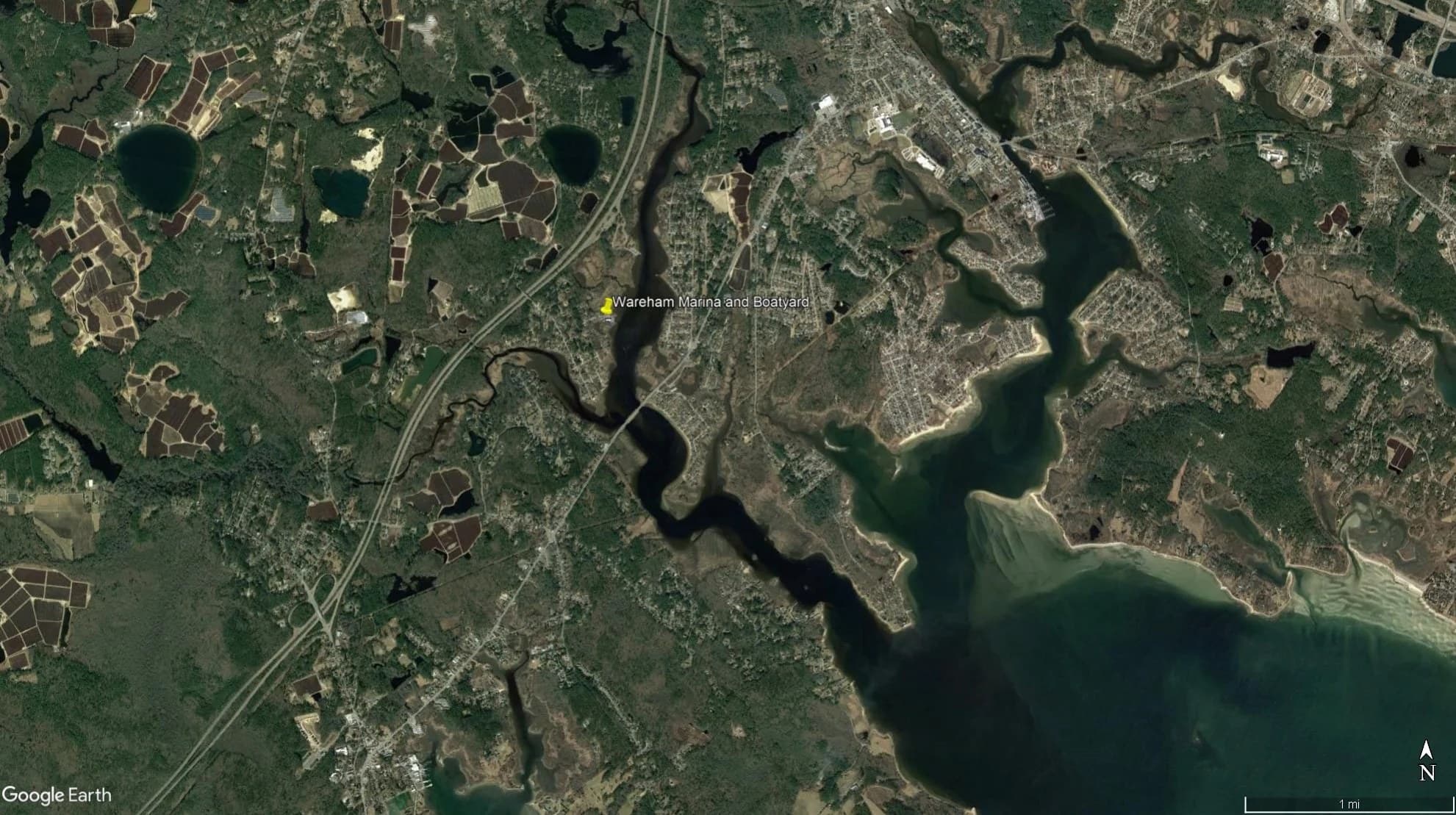 Satellite map of West Wareham showing Wareham Marina on the Weweantic River