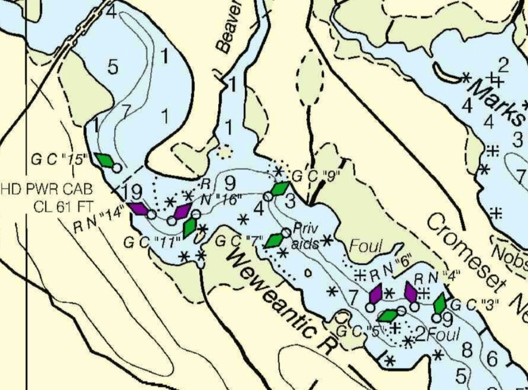 NOAA chart of the Weweantic River showing the channel, buoys, and depths around Rose Point